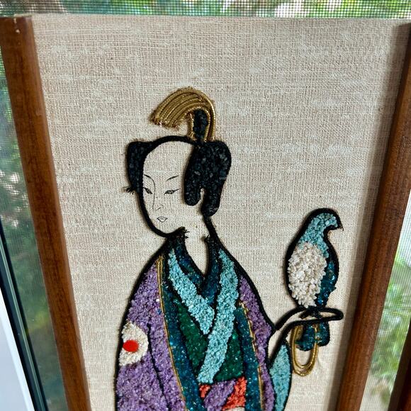 Mid-Century Gravel Art Wall Hangings – Asian Figures, 1960s Vintage Pair - Picture 2 of 13